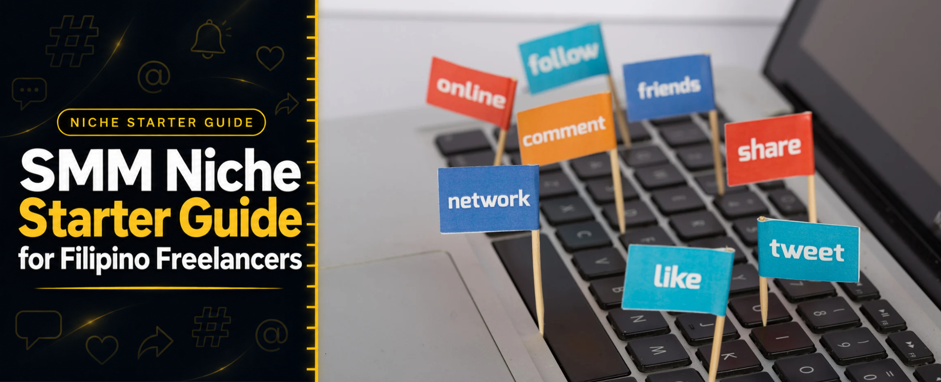 Close up shot of laptop keyboard with social media word flags including network online follow comment friends share like and tweet floating above