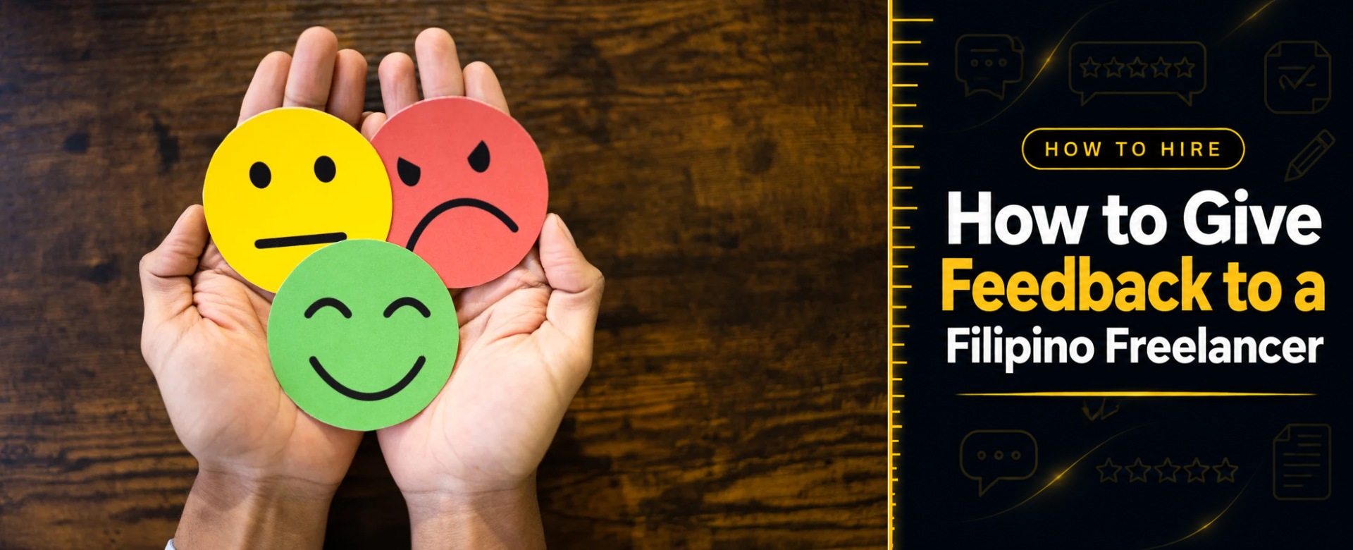 Hand holding three round feedback cards showing green happy yellow neutral and red angry expressions representing different types of client feedback